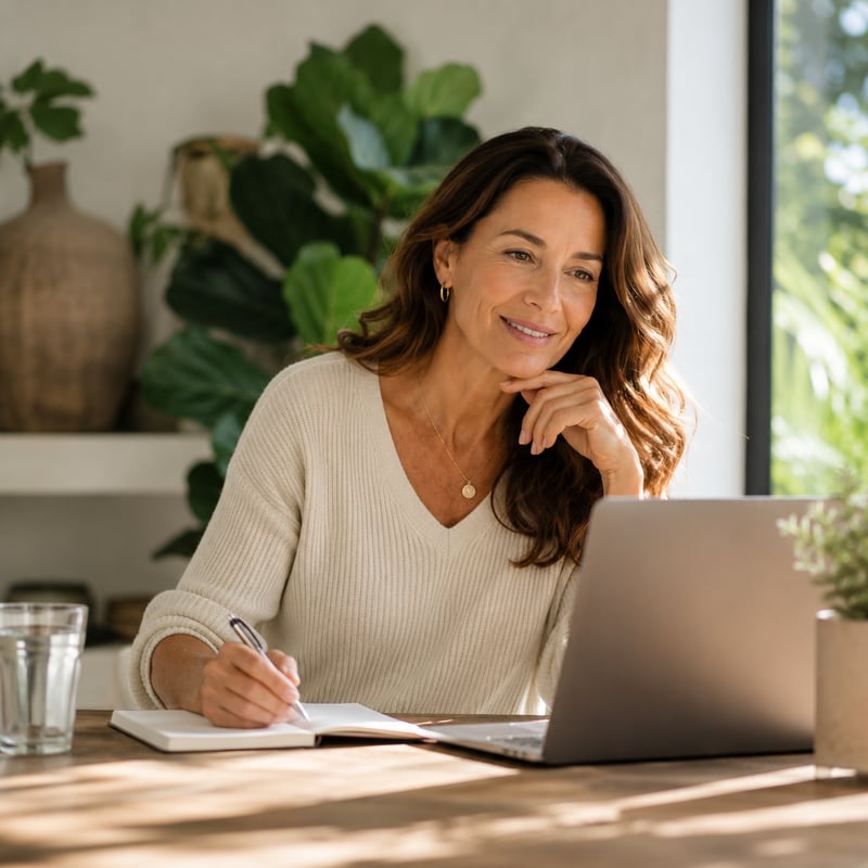Woman looking curious about healthy ageing at online webinar Woman looking curious about healthy ageing at online webinar