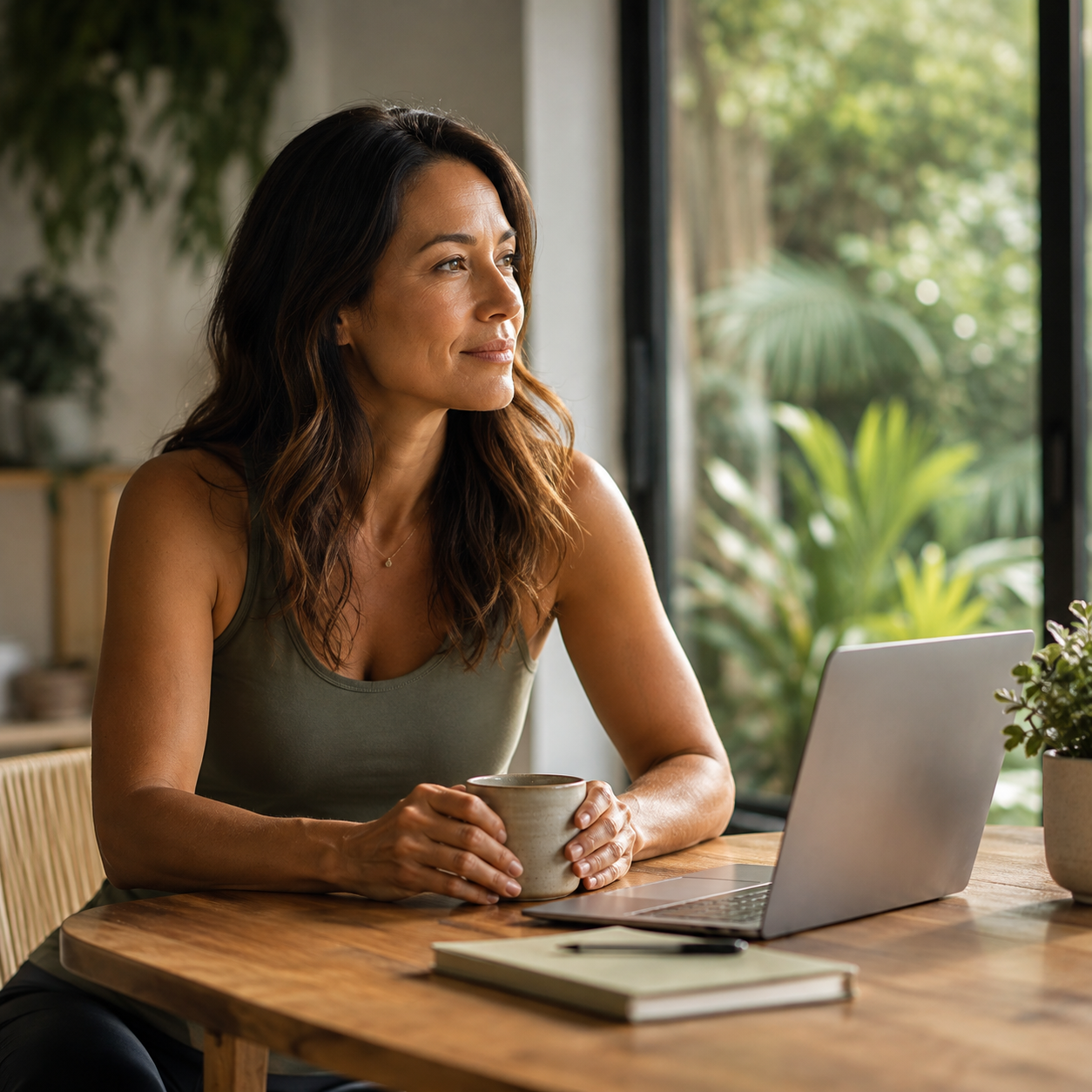 Healthy aging woman looking out of window